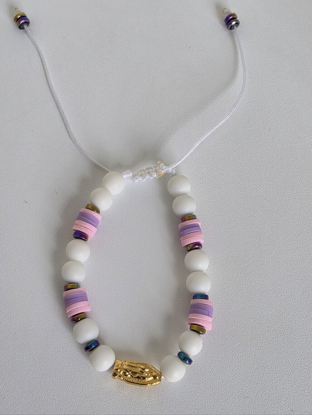 Handmade Adjustable Our Lady of Guadalupe Bracelet White Pink Lilac Beads - Picture 2 of 4